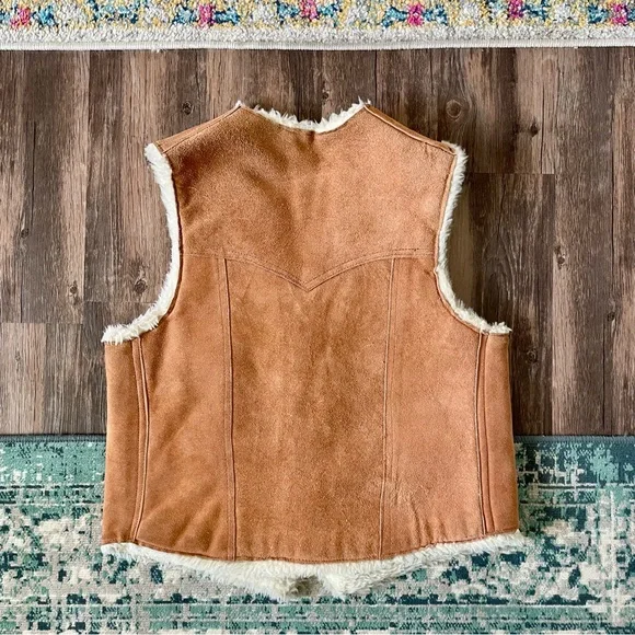 Vintage Caramel Brown Suede Leather Vest Cream Sherpa Lining Large Western - Picture 2 of 11